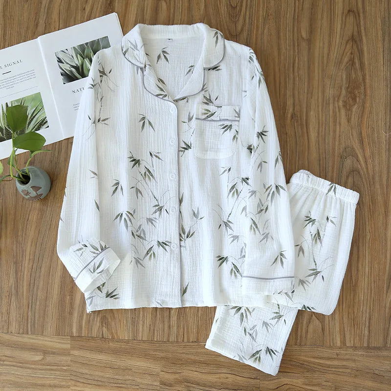 2025 Spring and Autumn Women's Pajama Set 100% Cotton Crepe Long sleeved Pants Two piece Cute and Sweet Home Fury Set Ladies