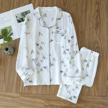 2025 Spring and Autumn Women's Pajama Set 100% Cotton Crepe Long sleeved Pants Two piece Cute and Sweet Home Fury Set Ladies