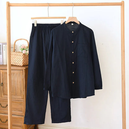 2025 New Spring/Summer Couple's Pajama Set 100% Cotton Simple Men's and Women's Long Sleeve Long Pants Two Piece Home Clothes