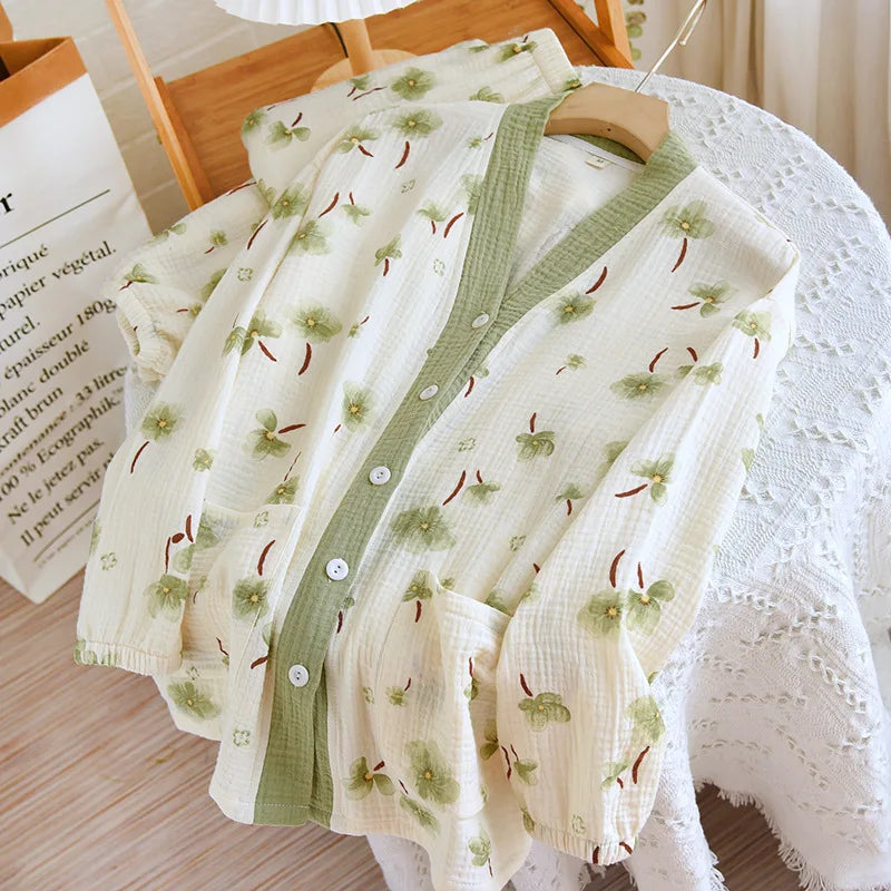 2025 New Spring/Summer Women's Pajama Set Long Sleeve Pants 100% Cotton Crepe Cardigan V-Neck Home Suit Two Piece Set Sleepwear