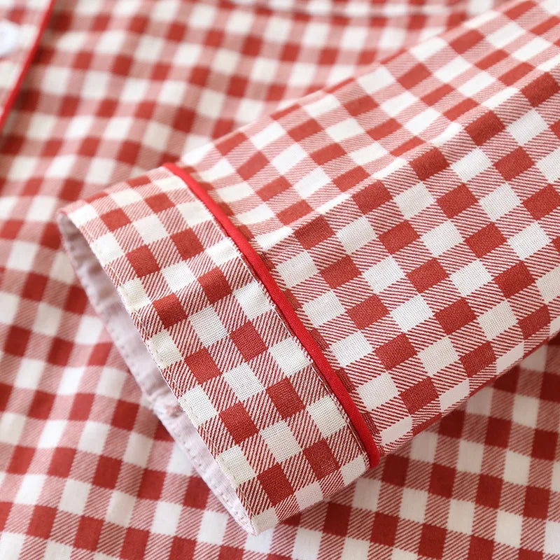 2025 Spring/Summer Couple Pajama Set 100% Cotton Double Layer Gauze Men's and Women's Japanese Plaid Set Long sleeved Home Fury