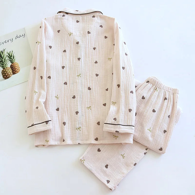 2025 New Spring/Summer Women's Pajama Set 100% Cotton Crepe Cute Love Long Sleeve Long Pants Two Piece Set Cardigan Home Clothes