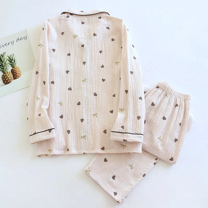 2025 New Spring/Summer Women's Pajama Set 100% Cotton Crepe Cute Love Long Sleeve Long Pants Two Piece Set Cardigan Home Clothes