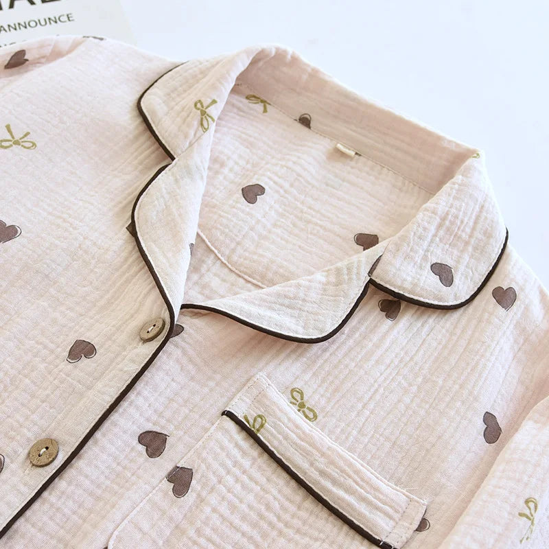 2025 New Spring/Summer Women's Pajama Set 100% Cotton Crepe Cute Love Long Sleeve Long Pants Two Piece Set Cardigan Home Clothes