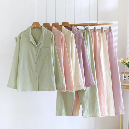 2025 New Spring and Autumn Women's Pajama Set 100% Cotton Simple Long Sleeve Long Pants Two Piece Set Cardigan Home Clothes