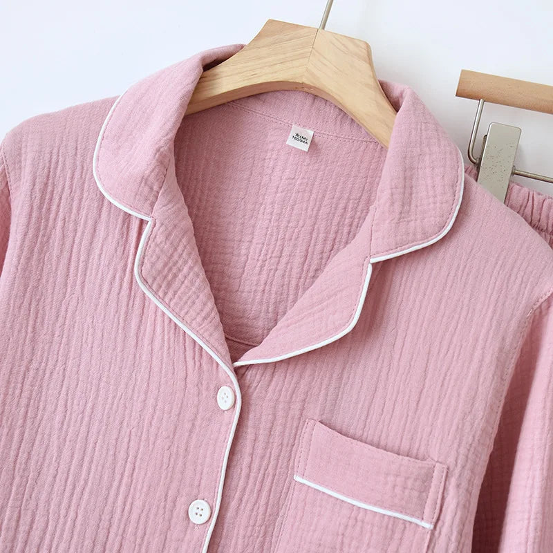 New Spring and Autumn Couple Pajamas Set 100%Cotton Crepe Long Sleeve Pants Two Piece Men's and Women's Large Size Home Garments