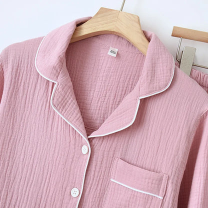 New Spring and Autumn Couple Pajamas Set 100%Cotton Crepe Long Sleeve Pants Two Piece Men's and Women's Large Size Home Garments