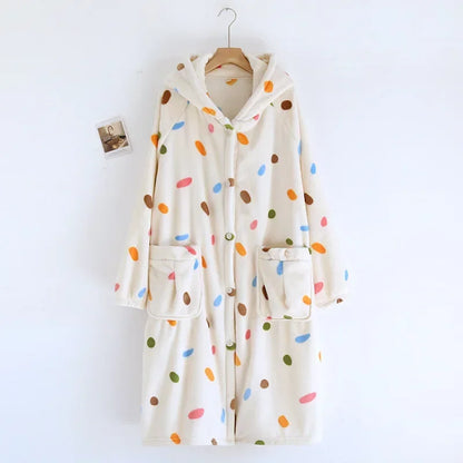 2025 Winter New Flannel Sleeping Robe Women's Bathrobe Long Thickened Velvet Cute Sweet Hooded Home Robe Sleepwear Ladies