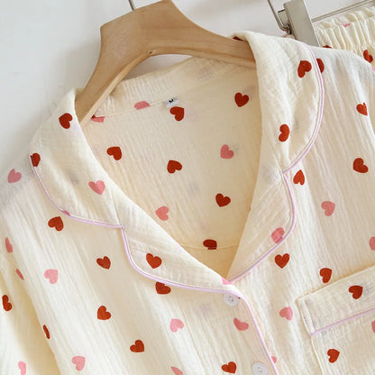 2025 New Summer Pajama Set 100% Cotton Crepe Love Short Sleeves+Shorts+Pants Three Piece Buckle Cute Home Fury Ladies Sleepwear