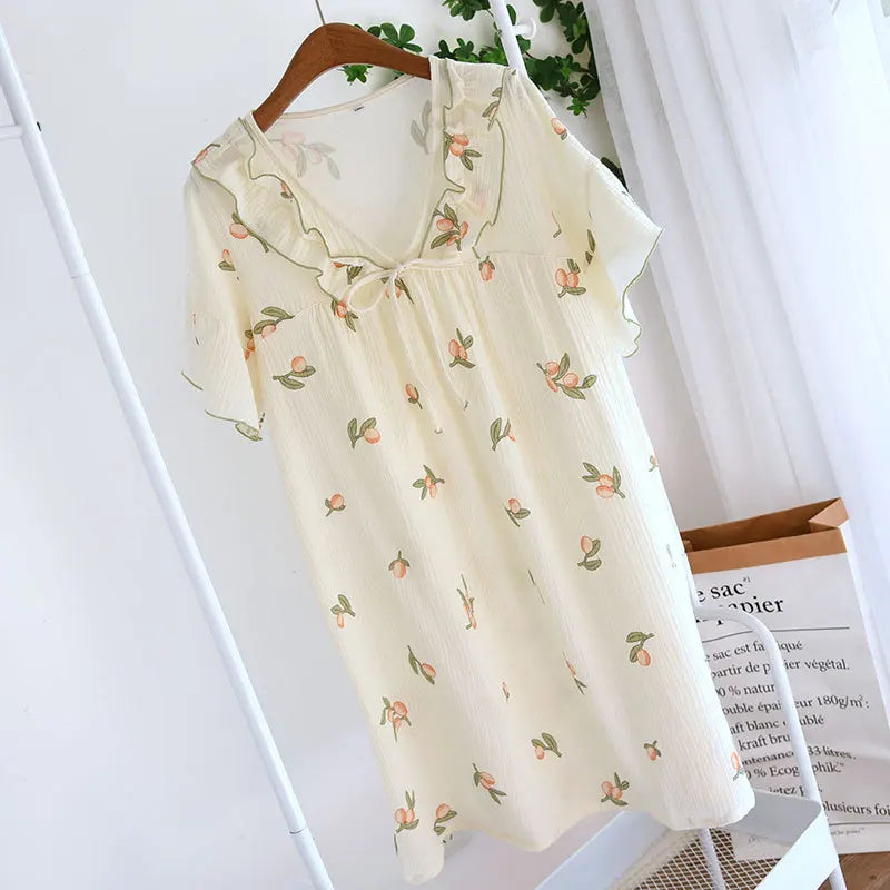 2025 Summer New Women's Pajama Dress 100% Cotton Crepe Ladies Short Sleeve Skirt Thin Flower Dress Homewear Pajama Dress