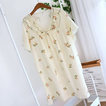2025 Summer New Women's Pajama Dress 100% Cotton Crepe Ladies Short Sleeve Skirt Thin Flower Dress Homewear Pajama Dress