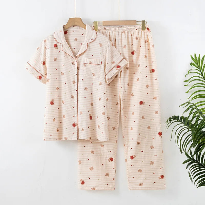 2025 Japanese style simple short women female 100% cotton gauze short sleeve trousers ladies pajamas suit cute pajamas sets home