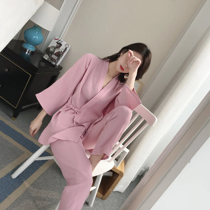 Japanese kimono suit lovers 100% cotton crepe pajamas long sleeved trousers two-piece kimono suit for men and women sleepwear