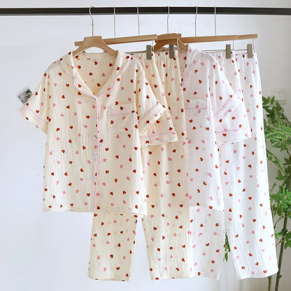 2025 New Summer Pajama Set 100% Cotton Crepe Love Short Sleeves+Shorts+Pants Three Piece Buckle Cute Home Fury Ladies Sleepwear