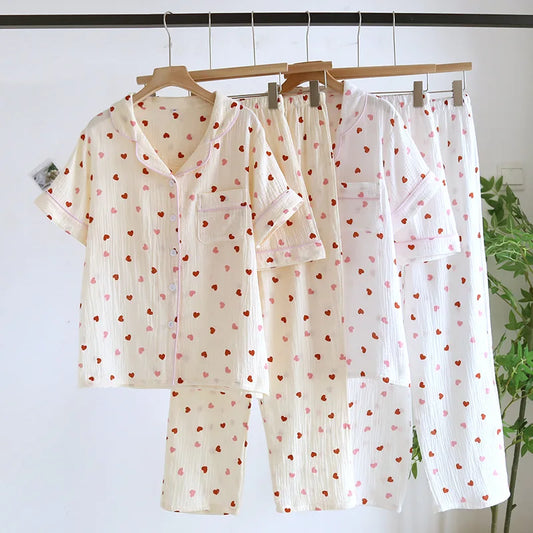 2025 New Summer Pajama Set 100% Cotton Crepe Love Short Sleeves+Shorts+Pants Three Piece Buckle Cute Home Fury Ladies Sleepwear