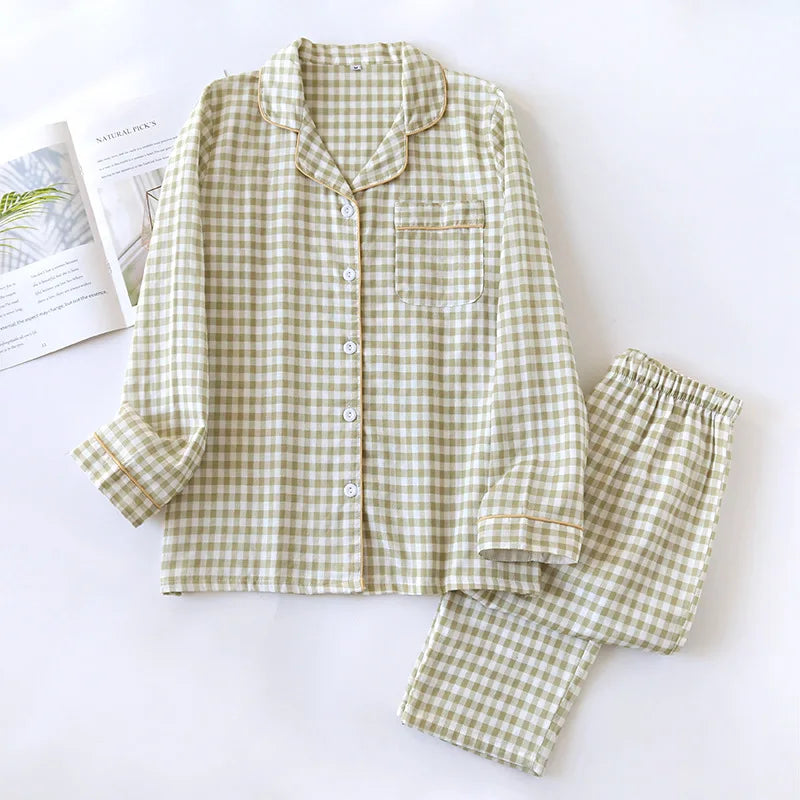 2025 Spring/Summer Couple Pajama Set 100% Cotton Double Layer Gauze Men's and Women's Japanese Plaid Set Long sleeved Home Fury
