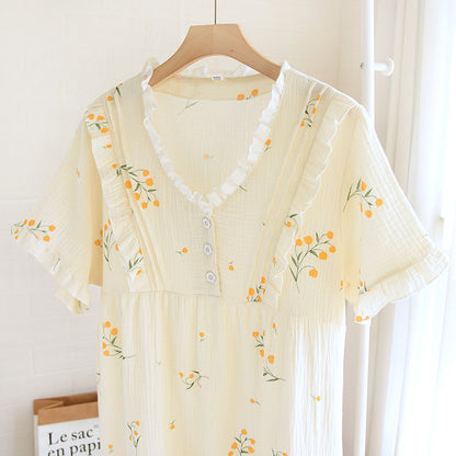 Summer new ladies nightdress 100% cotton crepe skirt thin short sleeve Japanese sweet and cute cardigan skirt home skirt women