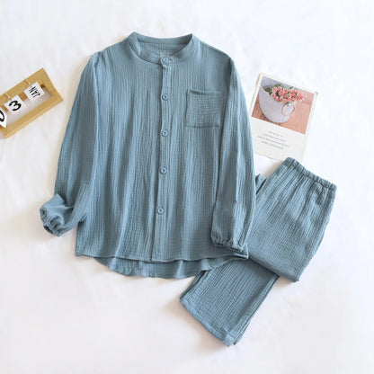 2025 New Spring and Autumn Couple Pajama Set 100%Cotton Crepe Fabric Men's and Women's Long Sleeve Pants Home Suit Two Piece Set