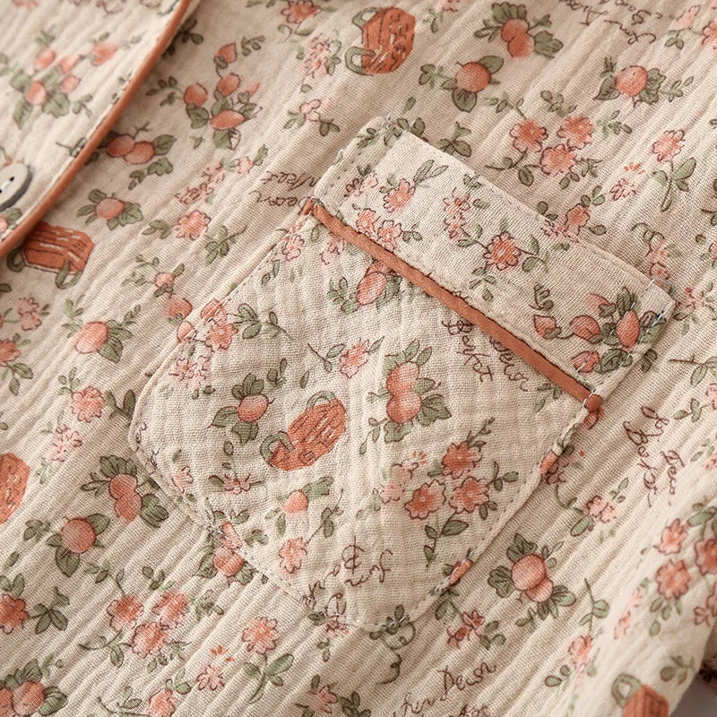 2025 Spring/Summer Women's New Pajama Set 100% Cotton Crepe Short Sleeves+Pants Flip Collar Vintage Flower Simple Homewear
