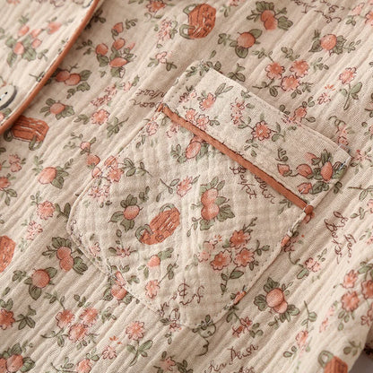 2025 Spring/Summer Women's New Pajama Set 100% Cotton Crepe Short Sleeves+Pants Flip Collar Vintage Flower Simple Homewear