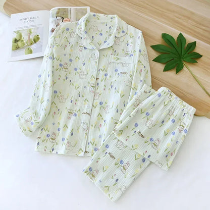 New large size pajamas women cotton crepe home service cotton long sleeve trousers suit simple and comfortable summer and autumn