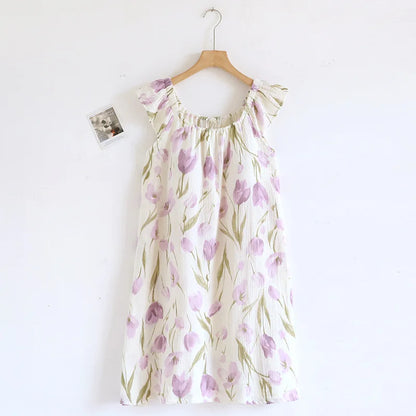 2025 New Summer Women's Sleeping Skirt 100% Cotton Crepe Cloth with Chest Cushion Tank Top Skirt Loose Thin Large Home Clothing