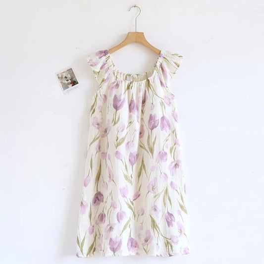 2025 New Summer Women's Sleeping Skirt 100% Cotton Crepe Cloth with Chest Cushion Tank Top Skirt Loose Thin Large Home Clothing