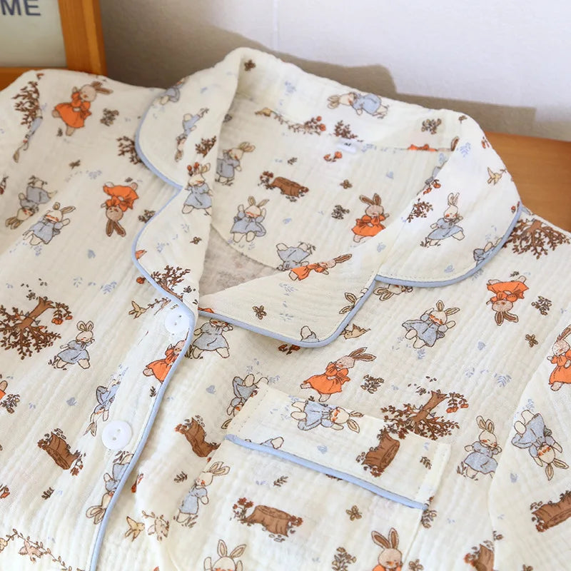 2025 New Summer Women's Pajama Set 100% Cotton Crepe Large Short Sleeve Shorts Two Piece Home Clothes Sleepwear Ladies