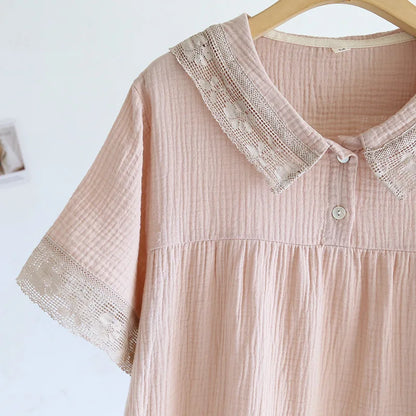2025 New Japanese Women's Summer Pajama Set 100% Cotton Crepe Short Sleeve Shorts Two Piece Lace Neck Breathable Home Suit Set