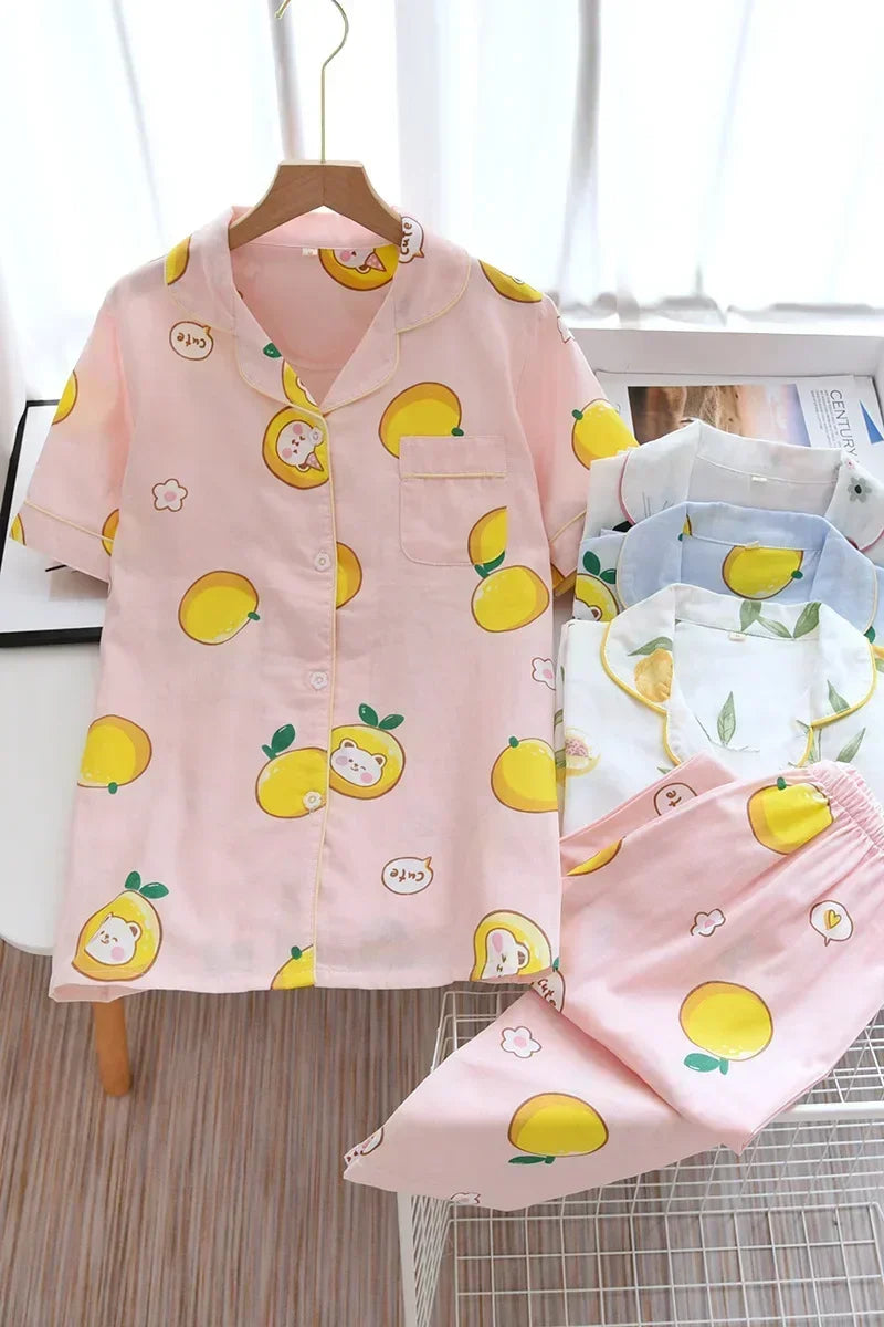 2025 Japanese style simple short women female 100% cotton gauze short sleeve trousers ladies pajamas suit cute pajamas sets home