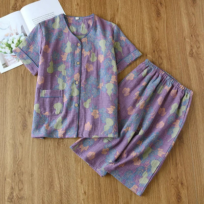2025 Spring/Summer New Women's Pajama Set 100% Cotton Jacquard Short Sleeves+Capris Two Piece V-Neck Thin Homewear Ladies