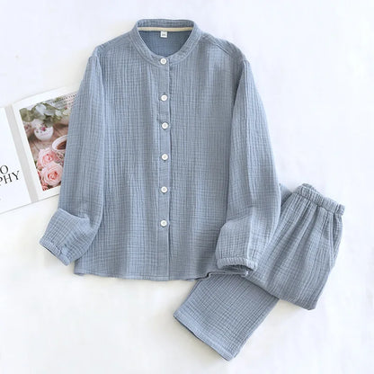 2025 Spring and Autumn New Couple Pajama Set 100% Pure Cotton Crepe Cloth Men's and Women's Stand up Neck Simple Home Clothing