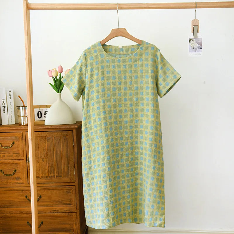 2025 New Summer Short Sleeve Sleeping Skirt 100% Cotton Yarn Weaving Jacquard Loose Pullover Mid length Plaid Skirt Home Dress