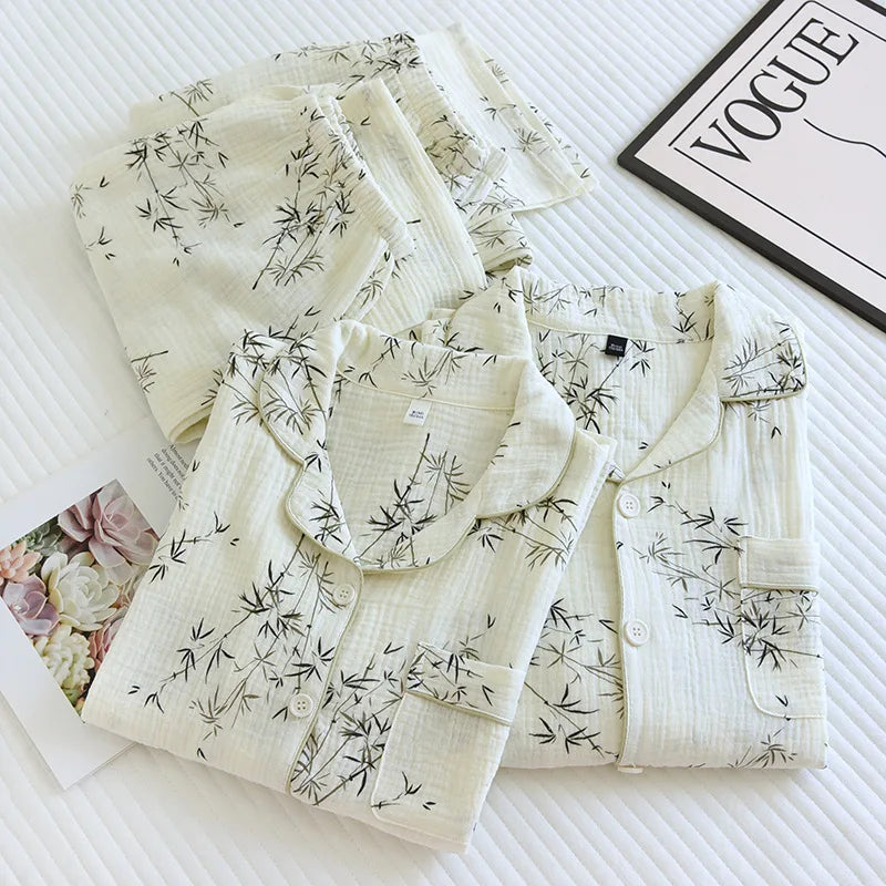 2025 New Spring and Autumn Couple Pajama Set 100% Cotton Crepe Fresh Long sleeved Pants for Men and Women Large Homewear Set