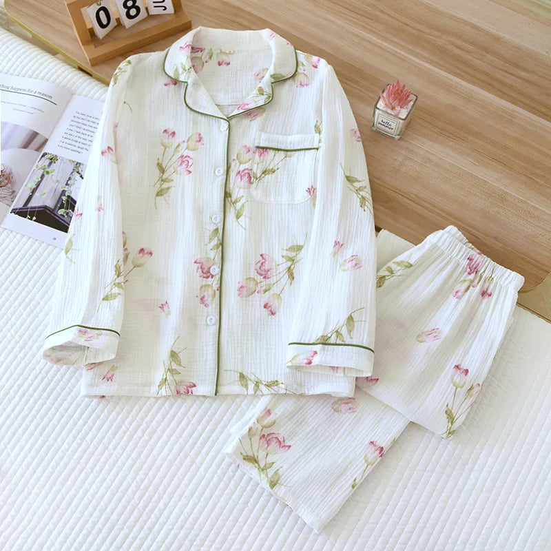 2025 Spring and Autumn Women's Pajama Set 100% Cotton Crepe Long sleeved Pants Two piece Cute and Sweet Home Fury Set Ladies
