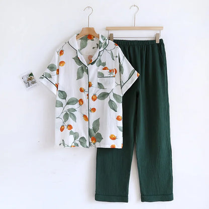2025 Japanese Summer New Women's Pajama Set Short Sleeve+Long Pants Two piece Set 100%Cotton Thin Cardigan Home Furnishing Fresh