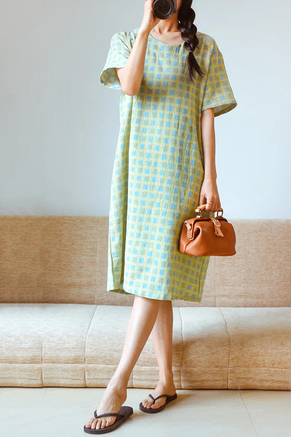 2025 New Summer Short Sleeve Sleeping Skirt 100% Cotton Yarn Weaving Jacquard Loose Pullover Mid length Plaid Skirt Home Dress