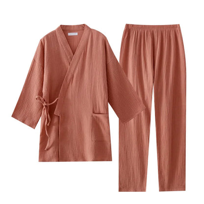 Japanese kimono suit lovers 100% cotton crepe pajamas long sleeved trousers two-piece kimono suit for men and women sleepwear