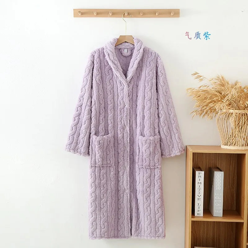2025 New Autumn/Winter Women's Bathrobe Flannel Thickened Warm Buckle Long Dress Solid Color Nightgown Home Fur Ladies