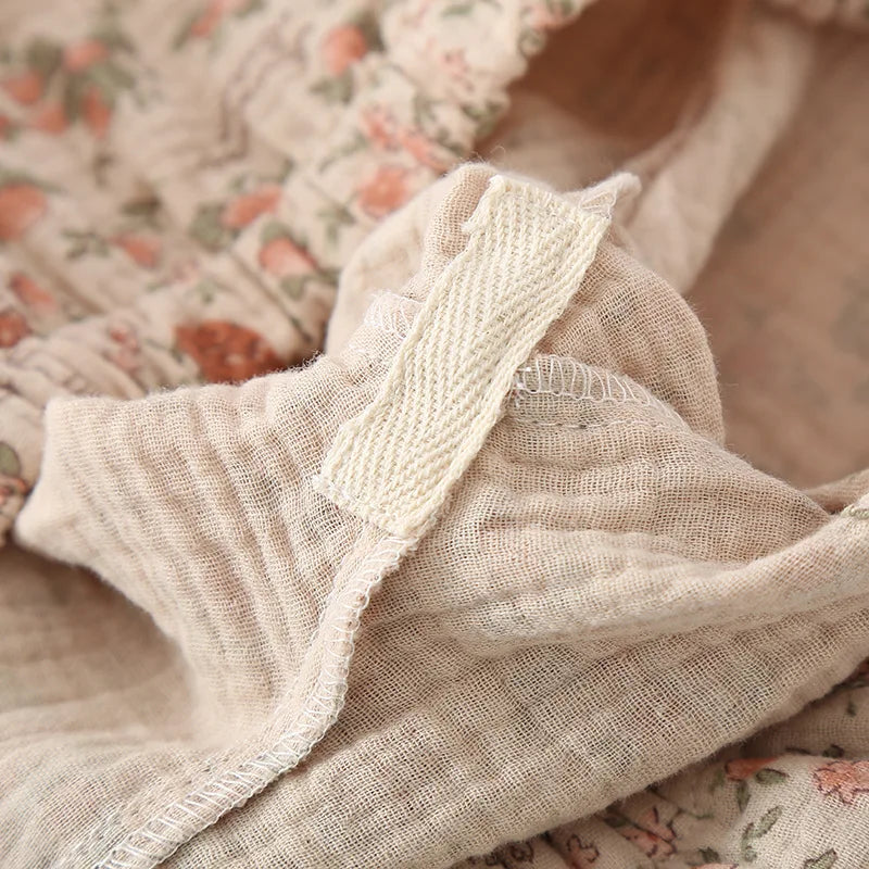 2025 Spring/Summer Women's New Pajama Set 100% Cotton Crepe Short Sleeves+Pants Flip Collar Vintage Flower Simple Homewear