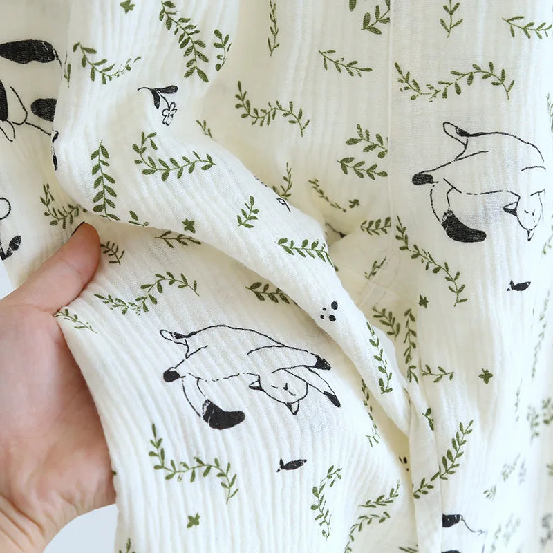 2025 Spring/Summer New Women's Pajamas Three Piece Set 100% Pure Cotton Crepe Thin Short Sleeves+Shorts+Long Pants Home Fury