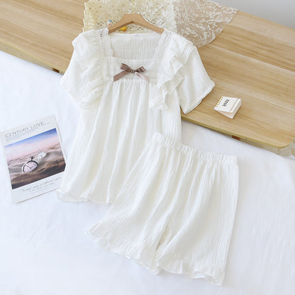 Japanese summer new short-sleeved shorts ladies pajamas set 100% cotton crepe solid color fresh home clothes two-piece set