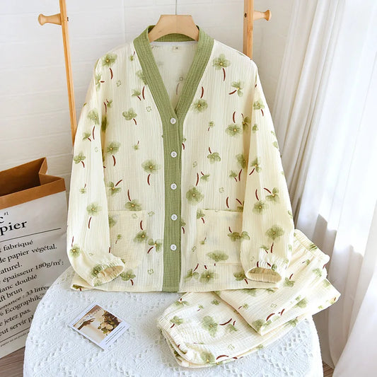 2025 New Spring/Summer Women's Pajama Set Long Sleeve Pants 100% Cotton Crepe Cardigan V-Neck Home Suit Two Piece Set Sleepwear