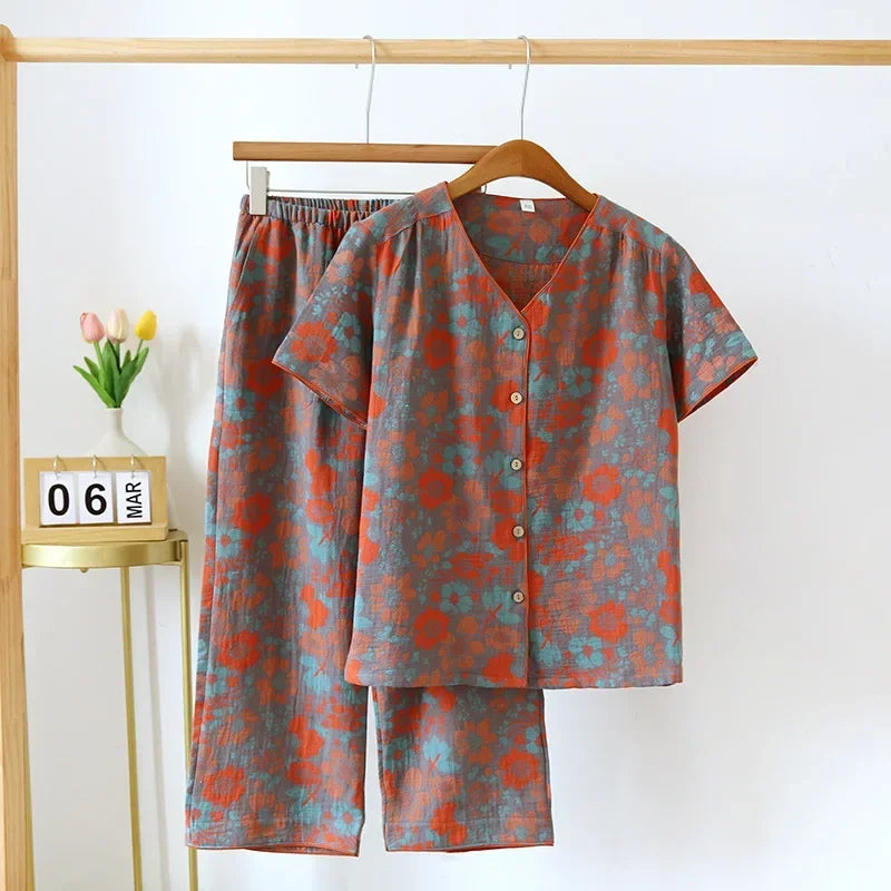 2025 Spring/Summer New Women's Pajama Set 100% Cotton Short Sleeve+Capris Two Piece Set for Large Flower Thin Home Furnishing