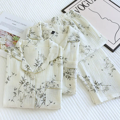 2025 New Spring and Autumn Couple Pajama Set 100% Cotton Crepe Fresh Long sleeved Pants for Men and Women Large Homewear Set