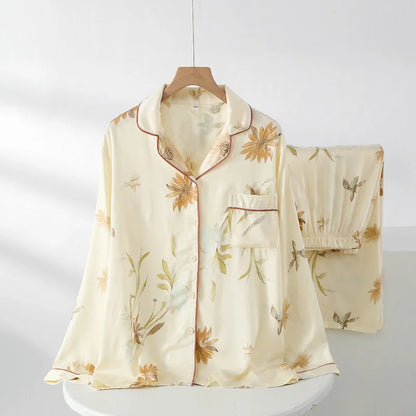 2025 New Spring/Summer Women's Pajama Set High Grade Viscose Long Sleeve Long Pants Two Piece Set Large Size Thin Home Clothing