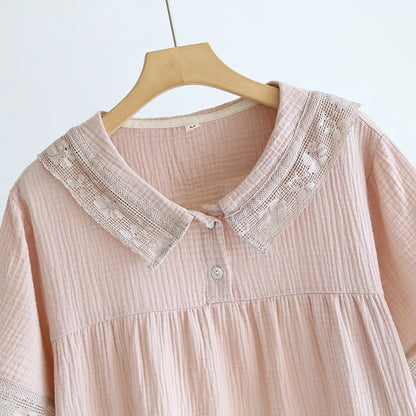 2025 New Japanese Women's Summer Pajama Set 100% Cotton Crepe Short Sleeve Shorts Two Piece Lace Neck Breathable Home Suit Set