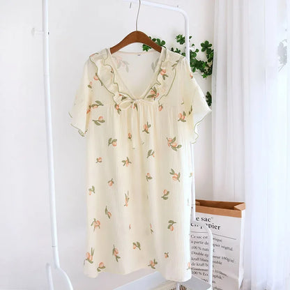 2025 Summer New Women's Pajama Dress 100% Cotton Crepe Ladies Short Sleeve Skirt Thin Flower Dress Homewear Pajama Dress