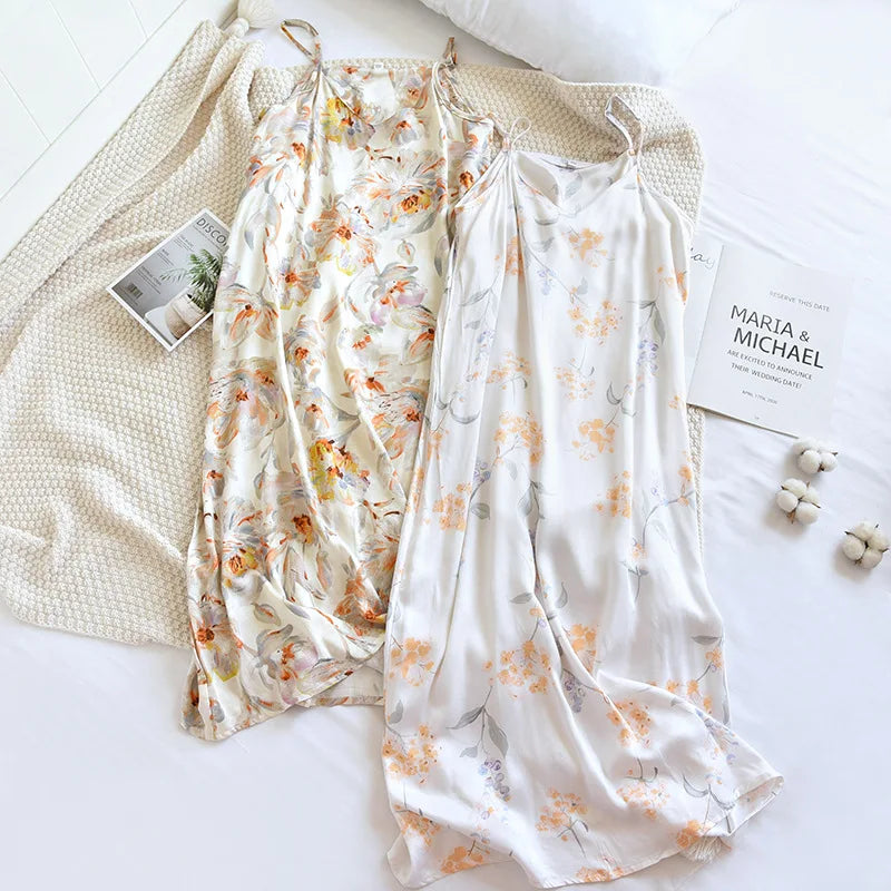 2025 Spring/Summer New Women's Sling Skirt 100% Viscose Fiber Sleeping Skirt Printed Sleeping Skirt Sexy Home Dress for Ladies