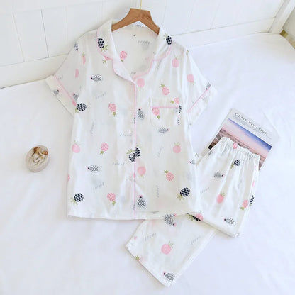 2025 Japanese style simple short women female 100% cotton gauze short sleeve trousers ladies pajamas suit cute pajamas sets home